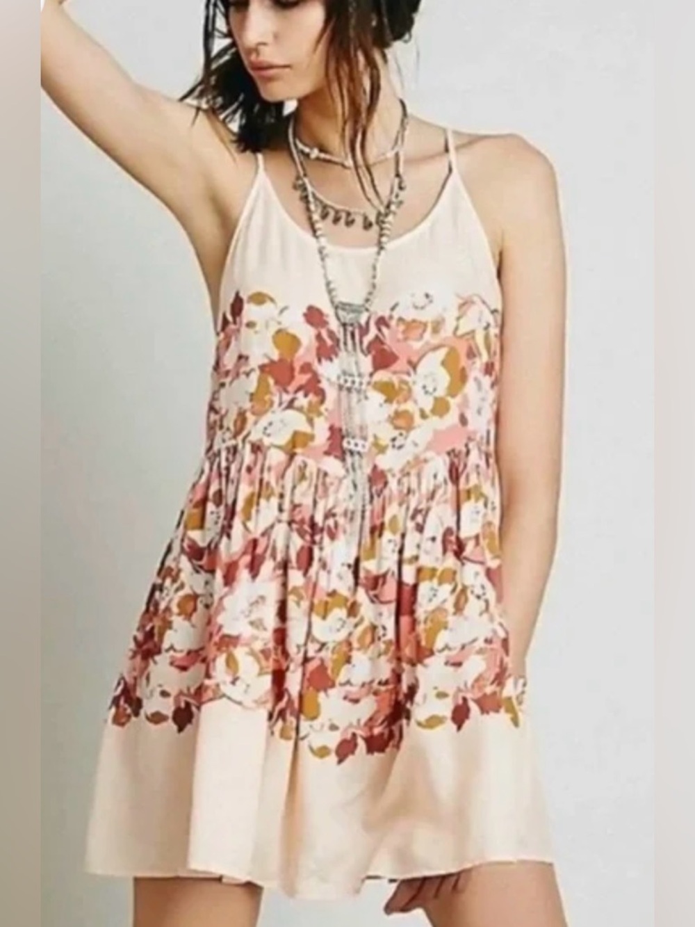 Free People Voile Slip Mini Dress Peach Floral  XS Boho Coastal Cowgirl